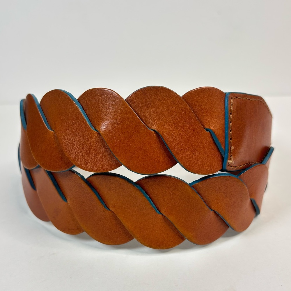 Linea Pelle Chestnut Brown Teal Blue Boho Braided Leather Belt Curved Buckle M/L - Picture 2 of 11